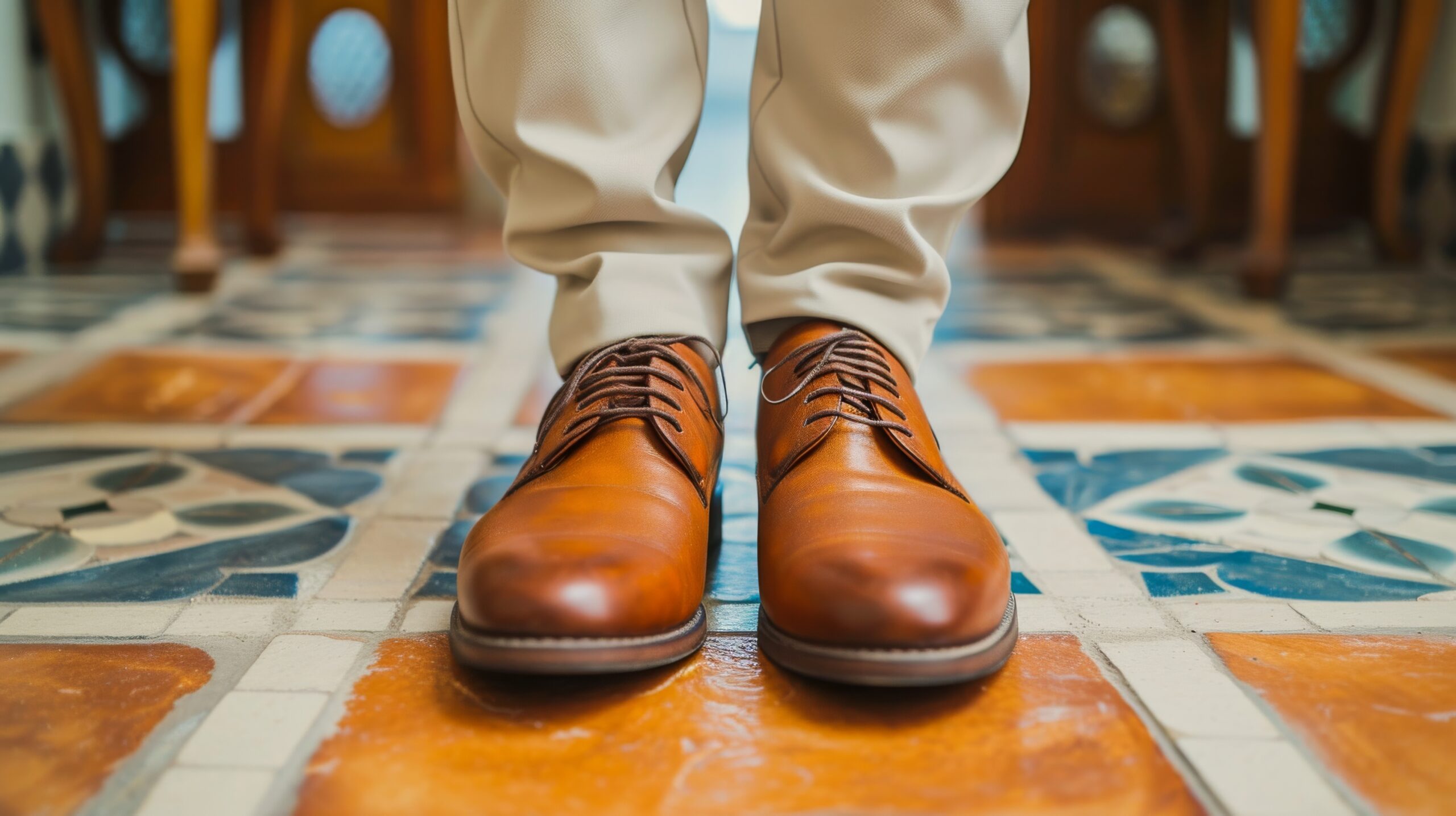 A person in Austin, TX, showcasing freshly shined brown leather shoes on a patterned tile floor.